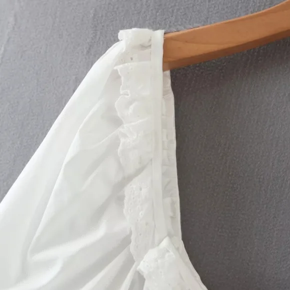 White Puff Sleeve Square Neck Dress with Lace and Ruffle Detail - Picture 10 of 16